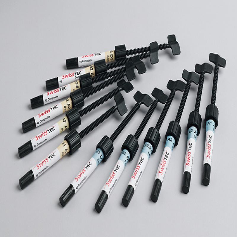 SwissTec Dentin, Enamel – микро гибридный фотополимерный рентгено-контрастный композит высокого наполнения. Отдельные цвета в шприцах по 4 г